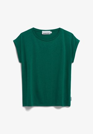 Groene t-shirt met korte mouwen van zacht materiaal. Heeft een ronde halslijn en een iets losse pasvorm. Inclusief een klein logo-label aan de zijkant.