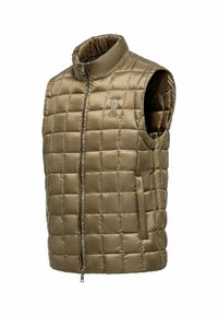 Gilet imbottito beige con colletto alto, motivo a logo trapuntato, chiusura zip frontale e tasche laterali. Realizzato in materiale leggero e lucido.