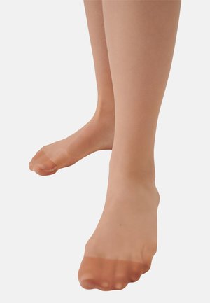 Sheer, skin-toned footed tights, featuring a reinforced toe and a smooth texture, displaying a close-up of feet from ankle to toes.