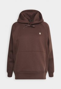 Sweat à capuche marron avec poche avant, capuche réglable à cordon, poignets et ourlet côtelés, et petit logo blanc sur le côté gauche de la poitrine.