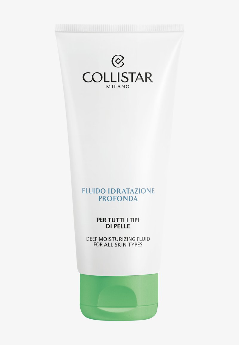 Fluide hydratant profond Collistar Milano avec bouchon vert, conçu pour tous les types de peau, étiqueté en italien et en anglais.