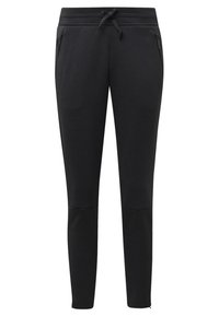 Svarta joggingsbyxor gjorda av mjukt, stretchigt material med elastisk midja, justerbar dragsko och två sidofickor med dragkedja.