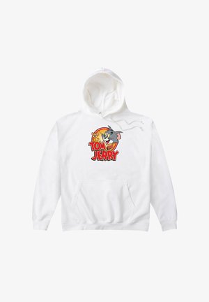 Sudadera blanca con bolsillo frontal que presenta un gráfico colorido de "Tom y Jerry", mostrando a los personajes de dibujos animados sobre un fondo circular.