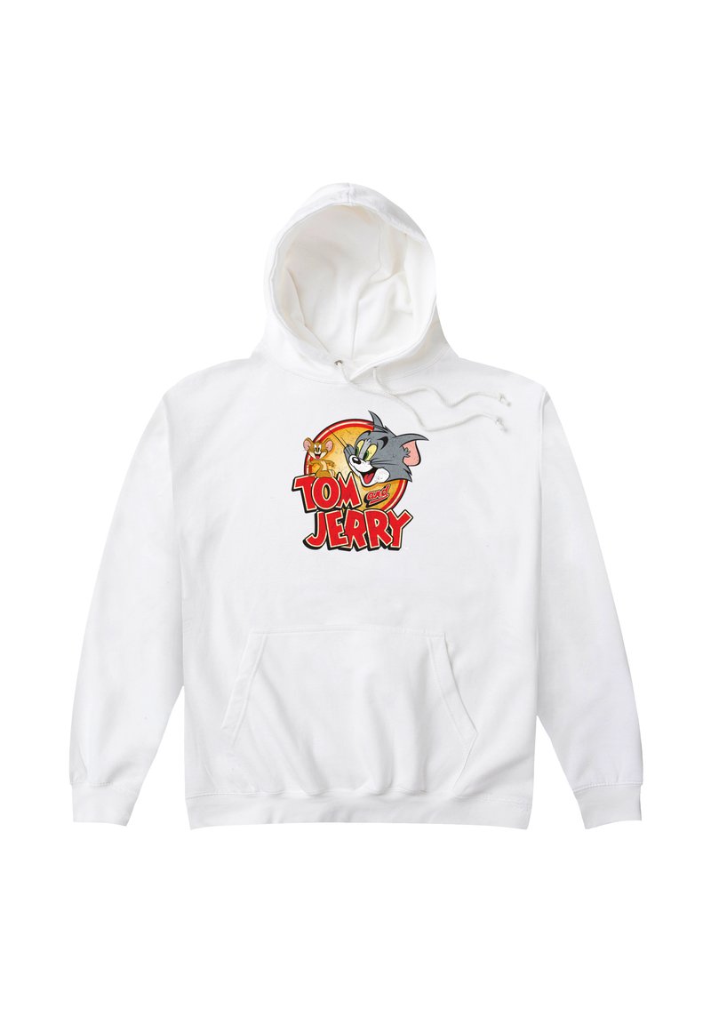 Sudadera blanca con bolsillo frontal que presenta un gráfico colorido de "Tom y Jerry", mostrando a los personajes de dibujos animados sobre un fondo circular.
