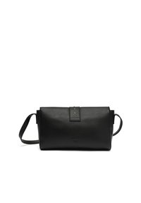 Borsa a tracolla nera in pelle con forma rettangolare, dettagli in metallo dorato, chiusura a patta e tracolla rimovibile. Texture liscia.