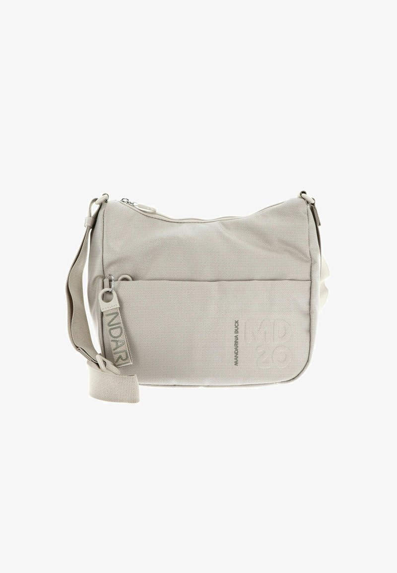 Sac bandoulière gris clair en tissu texturé, fermeture éclair supérieure, sangle réglable, poche avant et détail de logo en relief.