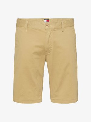 Krótke spodenki w kolorze khaki wykonane z bawełny, z zapięciem na guziki i szlufkami na pasek. Posiadają małą metkę z logo w pobliżu pasa. Gładka faktura, prosty krój.