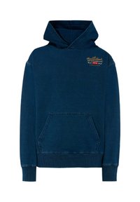 Felpa blu navy in cotone, con tasca frontale, polsini e orlo a costine, e logo ricamato multicolore sul petto.