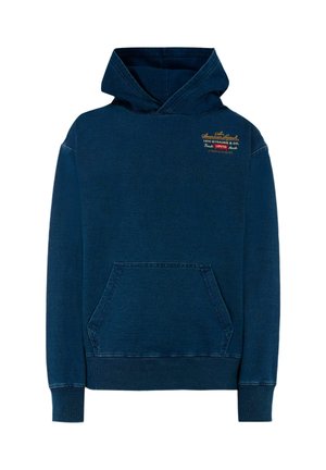 Marineblauwe hoodie van katoen, met een voorzak, ribgebreide manchetten en zoom, en een meerkleurig geborduurd logo op de borst.