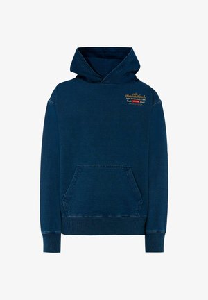 Felpa blu navy in cotone, con tasca frontale, polsini e orlo a costine, e logo ricamato multicolore sul petto.