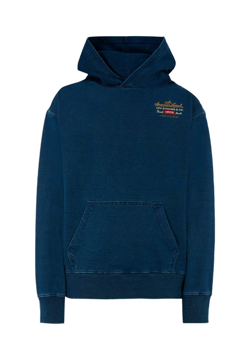 Felpa blu navy in cotone, con tasca frontale, polsini e orlo a costine, e logo ricamato multicolore sul petto.