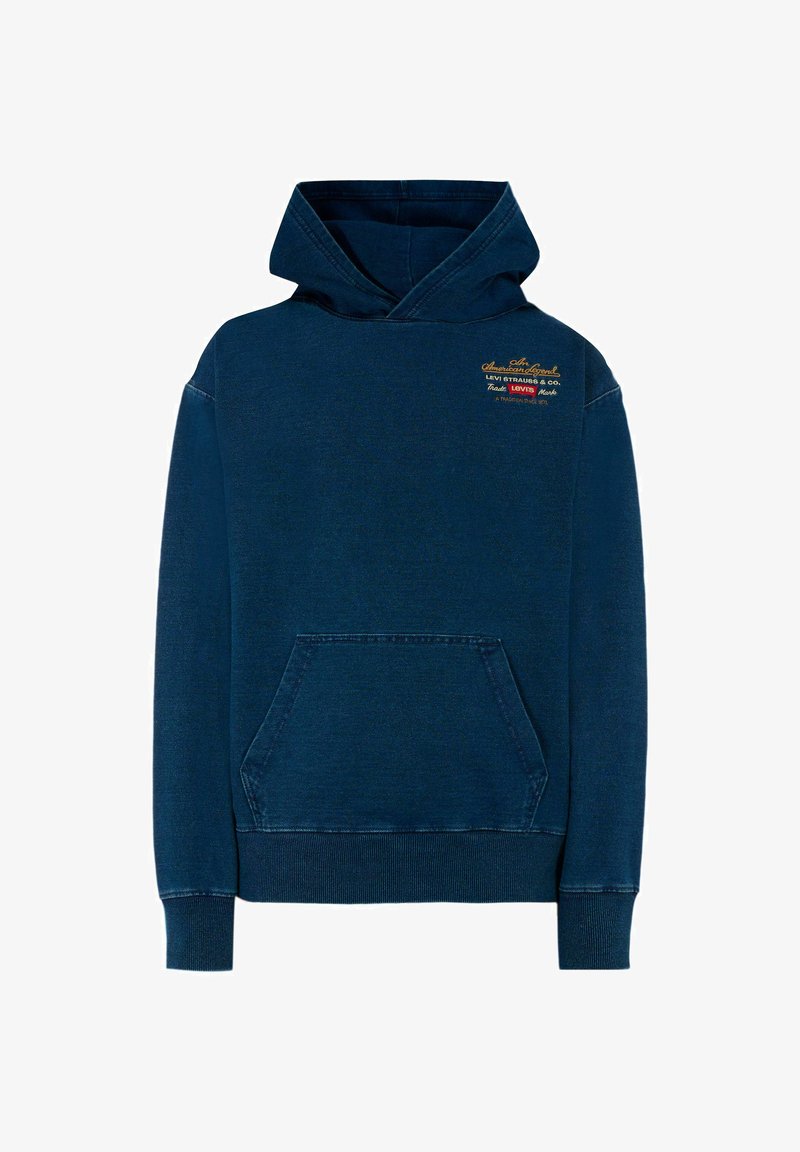 Felpa blu navy in cotone, con tasca frontale, polsini e orlo a costine, e logo ricamato multicolore sul petto.