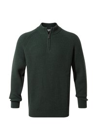 Dark green ribbed knit sweater with a high collar and a quarter zip. Features long sleeves with ribbed cuffs. Textured fabric throughout.