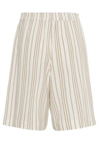 Shorts jusqu'aux genoux en tissu léger, avec des rayures verticales beiges sur fond blanc. Taille élastique et coupe droite.