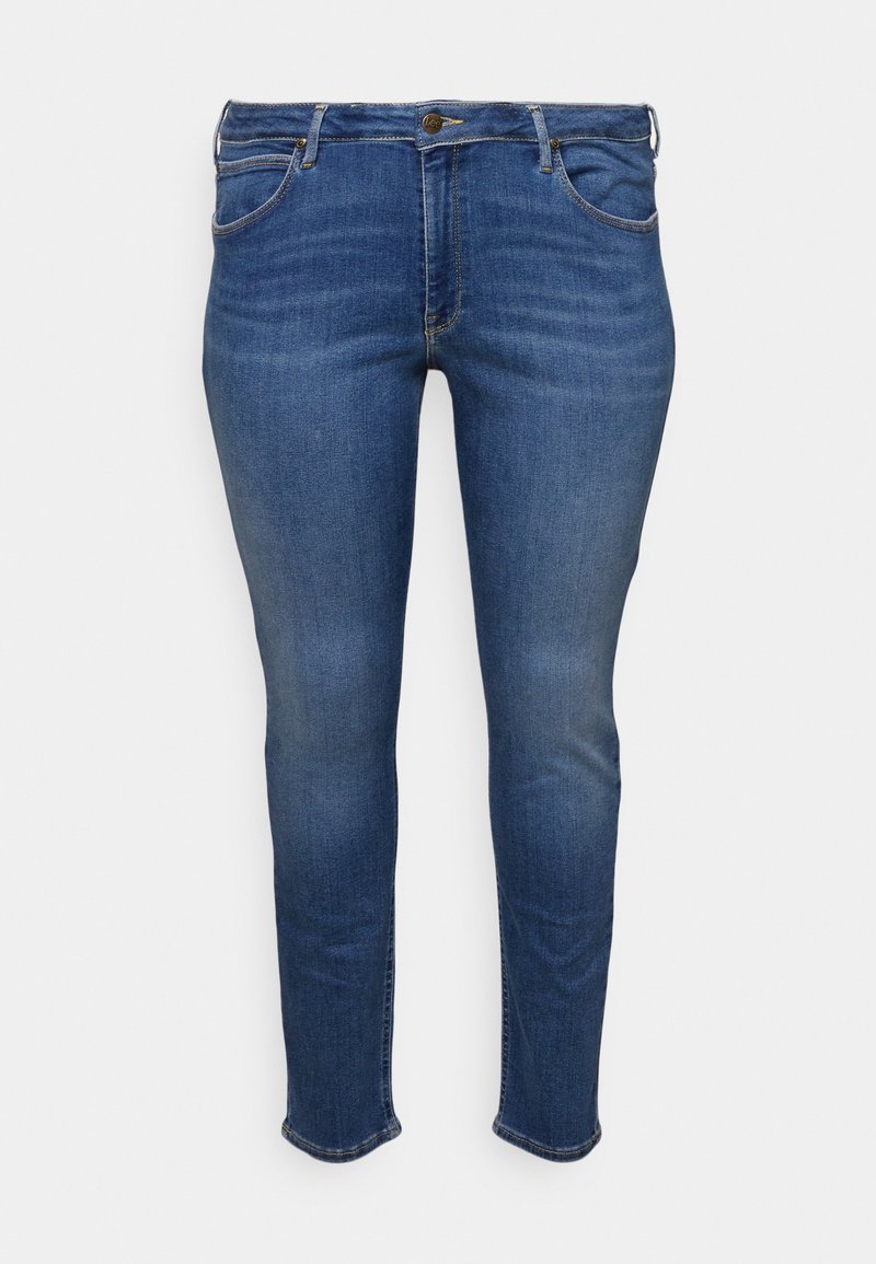 Jeans skinny fit de denim, de color azul oscuro, con un leve desvanecimiento, cinco bolsillos y un cierre con botón estándar en la cintura.
