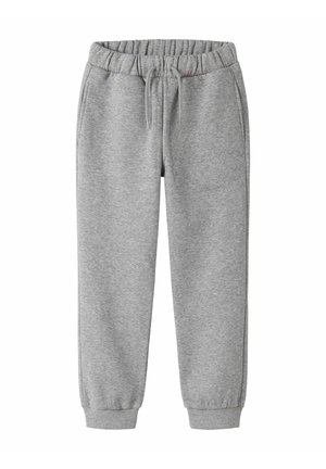 Pantalons de jogging gris avec une taille élastique, fermeture à cordon, et chevilles fuselées. Fabriqués dans un tissu doux avec une texture lisse.