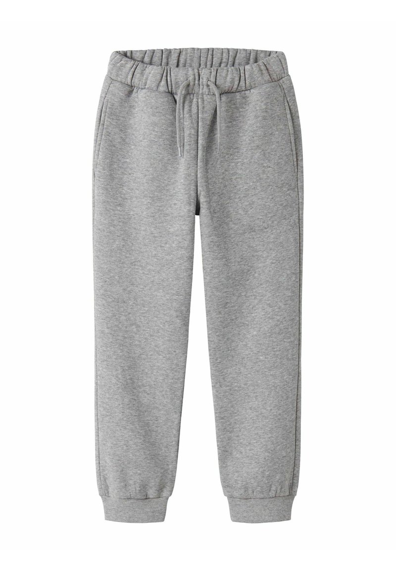 Grå sweatpants med elastisk midjeband, snörning i midjan och smalnade anklar. Tillverkade av mjukt material med en slät yta.