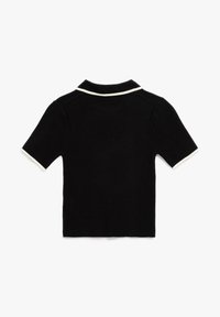 Zwart polo shirt met korte mouwen, voorzien van een witte kraag en accentkleuren op de mouwen. Gemaakt van een gestructureerde stof, met een klassieke snit en ontwerp.