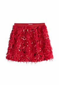 Roter Rock mit einem strukturierten, federähnlichen Design, das mit verstreuten Pailletten verziert ist. Hat einen taillierten Bund und eine ausgestellte Silhouette.