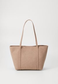 Beige Kunstleder-Shopper mit zwei langen Griffen, strukturiertem Design und offener Oberseite. Glatte Textur und minimales Nähen für ein schickes Aussehen.
