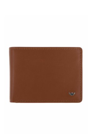 Portefeuille bifold en cuir marron avec couture visible et petit logo argenté de casque à cornes en bas à droite.