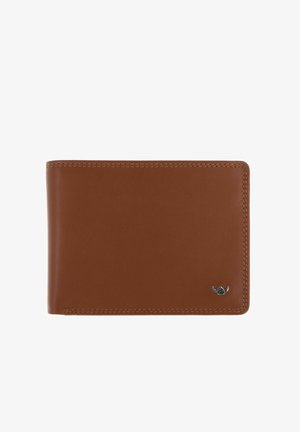 Portefeuille bifold en cuir marron avec couture visible et petit logo argenté de casque à cornes en bas à droite.