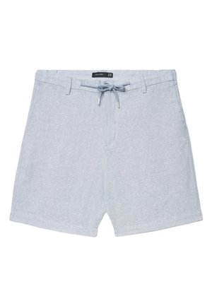 Hellgraue Freizeithosen mit Tunnelzugbund, Gürtelschlaufen und Seitentaschen, flach auf weißem Hintergrund ausgelegt.