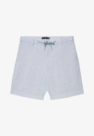 Hellgraue Freizeithosen mit Tunnelzugbund, Gürtelschlaufen und Seitentaschen, flach auf weißem Hintergrund ausgelegt.