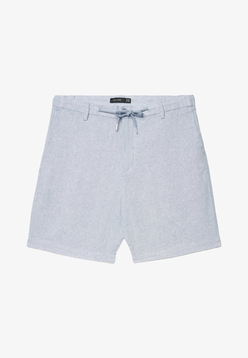 Hellgraue Freizeithosen mit Tunnelzugbund, Gürtelschlaufen und Seitentaschen, flach auf weißem Hintergrund ausgelegt.