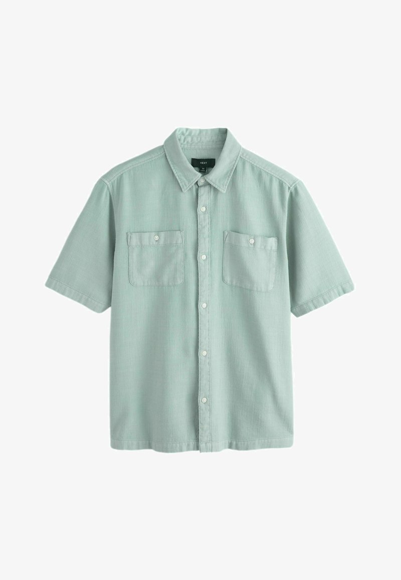 Chemise vert clair à manches courtes avec boutons, deux poches poitrine et col, taille M.