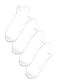Weiße Baumwollsocken, knöchellang, mit glatter Textur und elastischen Bündchen, im Paket von vier Stück.