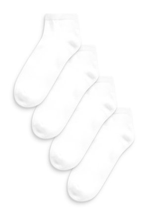 Weiße Baumwollsocken, knöchellang, mit glatter Textur und elastischen Bündchen, im Paket von vier Stück.