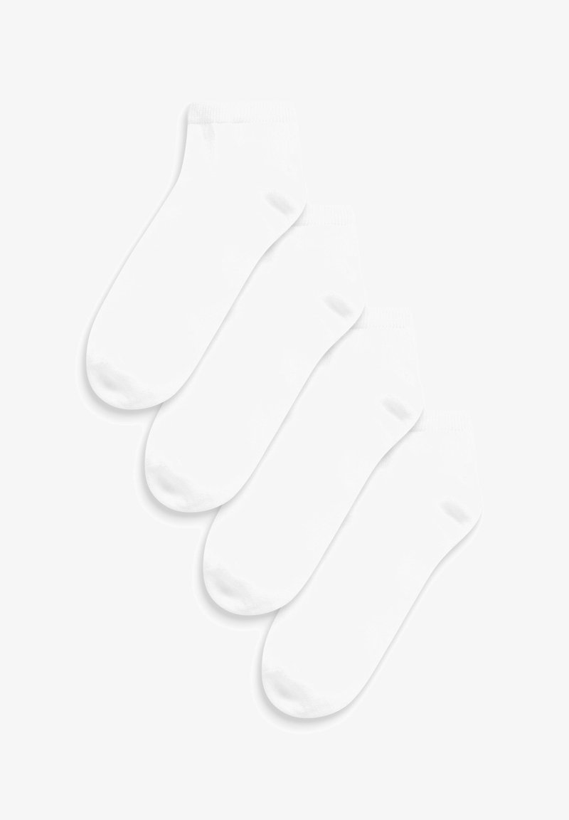 Weiße Baumwollsocken, knöchellang, mit glatter Textur und elastischen Bündchen, im Paket von vier Stück.