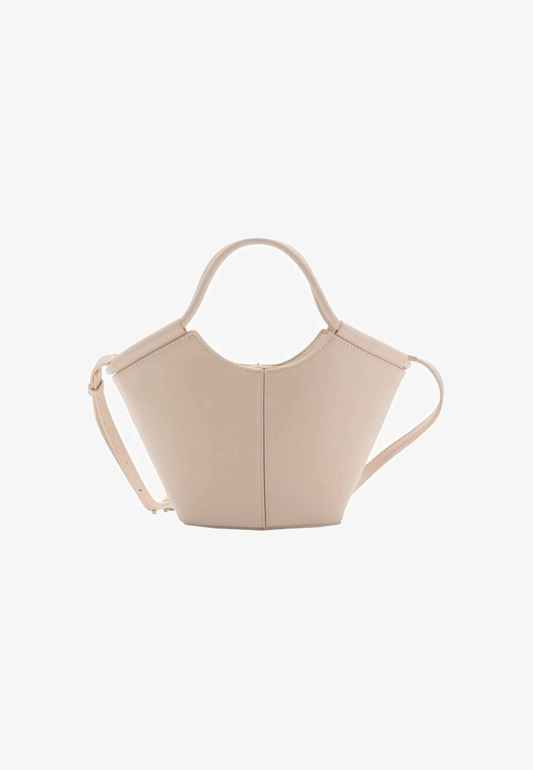 Sac à main structuré beige avec poignées supérieures et bandoulière réglable, finition cuir lisse et bord supérieur incurvé.