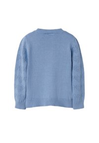 Sinine kootud kampsun, millel on ühevärviline tagakülg ja musteriga varrukad, millel on südamekujulised avad. Soonilised krae ja varrukaotsa ääred.