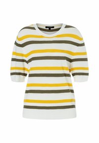 Kurzarm-Pullover mit gestreiftem Muster in Weiß, Gelb und Olivgrün. Stricktextur mit lockerer Passform und rundem Ausschnitt.