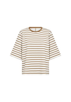 T-shirt blanc à manches courtes avec des rayures horizontales marron et un col rond marron, présenté sur fond blanc.