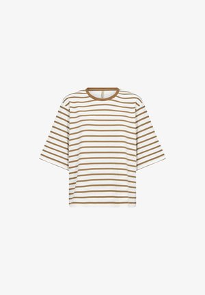 T-shirt blanc à manches courtes avec des rayures horizontales marron et un col rond marron, présenté sur fond blanc.