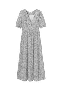 Robe midi à motifs floraux en noir et blanc. Manches courtes bouffantes, décolleté en V et taille froncée pour une coupe ample. Tissu léger et texturé.