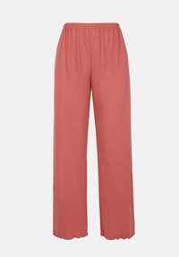 Pantalones de pierna ancha en una suave tela color coral. Con cintura elástica y textura suave, presentan una silueta fluida.