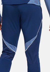 Marineblauwe sportbroek met contrasterende lichtblauwe accenten en gestructureerde panelen. Heeft witte bies langs de naden en een taps toelopende pasvorm.