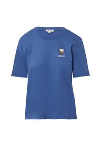 T-shirt en coton bleu à manches courtes, col rond, avec un graphique de cupcake portant le texte « DOUX COMME UN CUPCAKE » en blanc et noir.