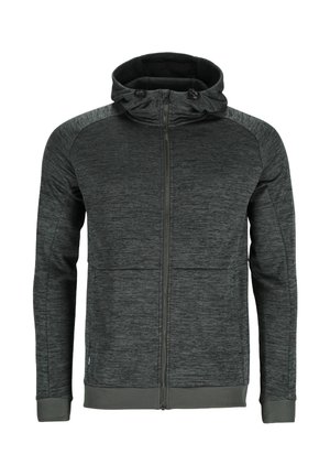 Dunkelgrauer Reißverschluss-Hoodie aus strukturiertem Material, mit einer formschlüssigen Kapuze, Fronttaschen sowie gerippten Bündchen und Saum.