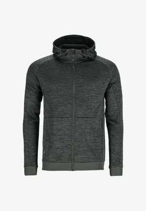 Haut de sweatshirt zippé gris foncé en tissu texturé, avec une capuche ajustée, des poches avant et des poignets et un ourlet côtelés.