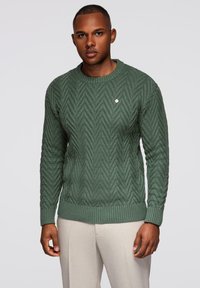 Zielony sweter wykonany na drutach z wzorem w zygzaki, okrągłym dekoltem, ściągaczami na mankietach i krawędzi, noszony z beżowymi spodniami.