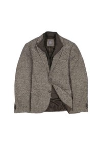 Brauner Hahnentrittblazer aus strukturiertem Stoff, mit braunem Futter, Reverskragen, Ein-Knopf-Verschluss und zwei vorderen Taschen.