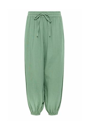 Locker sitzende hellgrüne Hose mit elastischem Bund und Kordelzug, elastischen Bündchen an den Knöcheln, aus leichtem Stoff gefertigt.