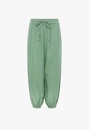 Pantaloni verde chiaro a vestibilità ampia con cintura elastica e coulisse, polsini elastici alle caviglie, realizzati in tessuto leggero.