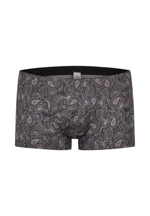 Schwarze und graue Boxershorts mit Paisley-Muster und schwarzem Bund, von vorne sichtbar.