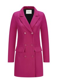 Fuchsia Doppelreiherjacke mit Reverskragen, zwei Fronttaschen und sechs Knöpfen. Glattes Material mit strukturiertem Design.
